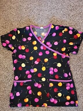 Playful Cherry-Print Black Scrub Top with Purple Trim